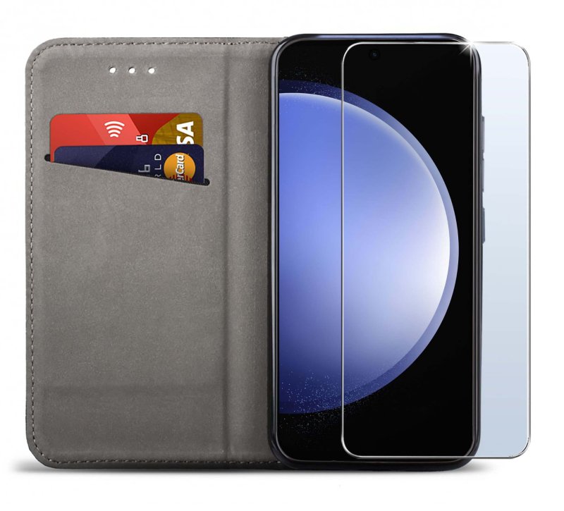 Etui do Samsung Galaxy S23 Fe czarne zamykane + szkło, pokrowiec, kabura, case, z klapka, smart