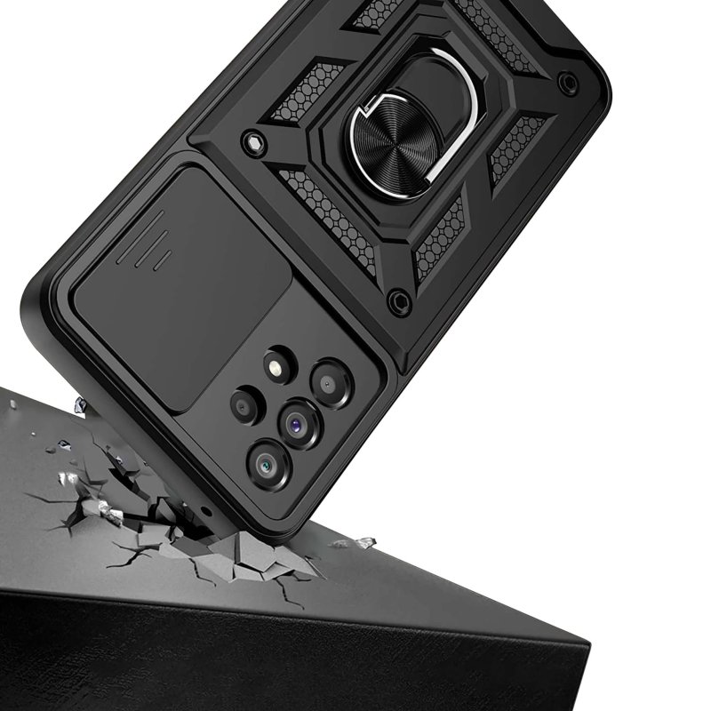Etui do Samsung Galaxy A23 5G pancerne ring z osłoną na aparat czarne + szkło, nakładka, na plecki, case, slide ring