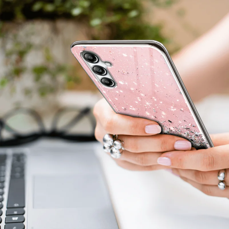 Etui do Samsung Galaxy M34 5G brokat rózowe + szkło, nakładka, na plecki, case, star glitter
