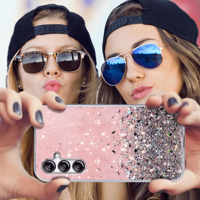 Etui do Samsung Galaxy M34 5G brokat rózowe + szkło, nakładka, na plecki, case, star glitter