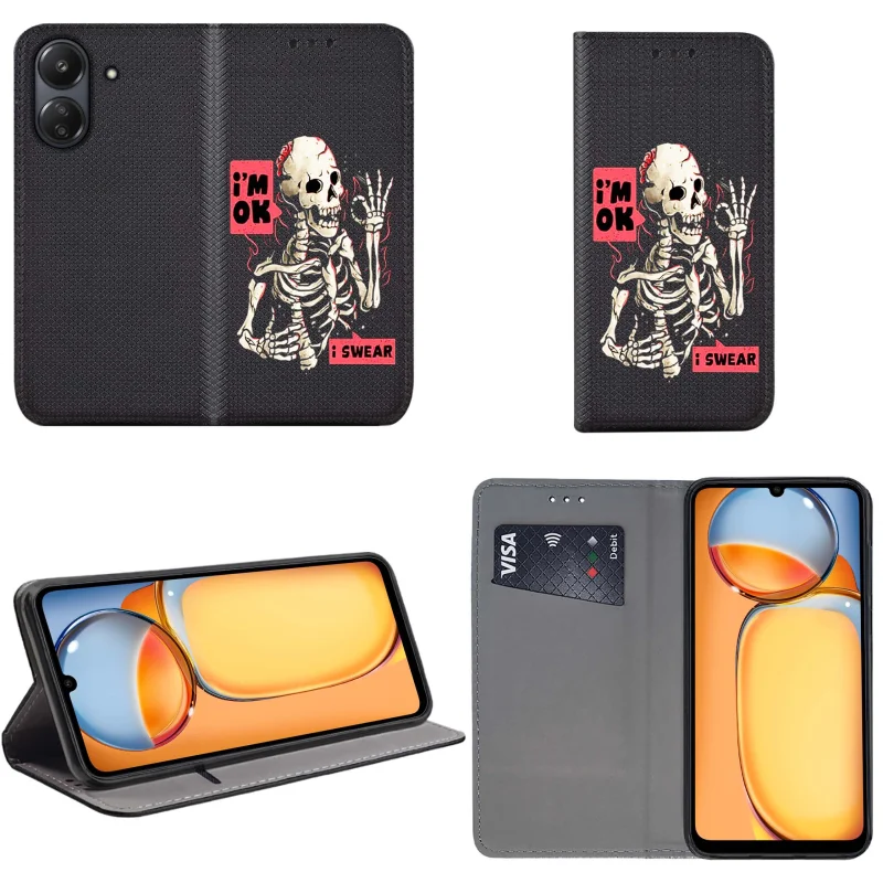Etui do Xioami Redmi 13C / Poco C65 zamykane malowane wzór szkielet + szkło, pokrowiec, kabura, case, z klapka
