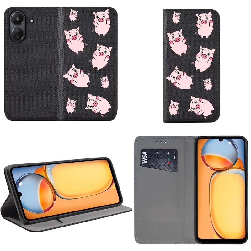 Etui do Xioami Redmi 13C / Poco C65 zamykane malowane wzór swinki + szkło, pokrowiec, kabura, case, z klapka, smart wzory