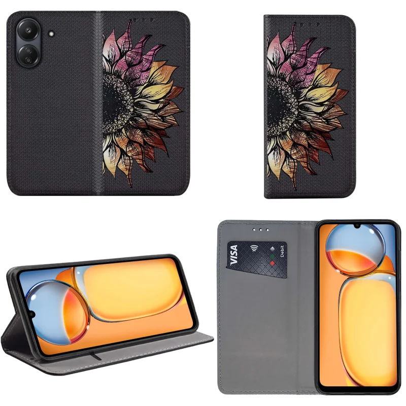 Etui do Xioami Redmi 13C / Poco C65 zamykane malowane wzór kwiat + szkło, pokrowiec, kabura, case, z klapka, smart wzory