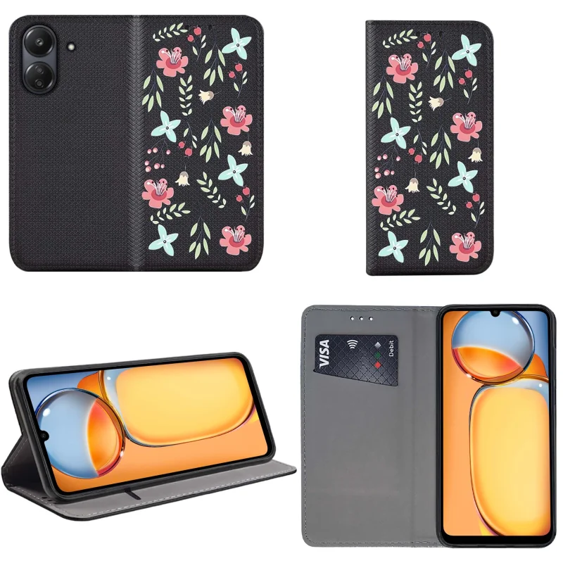 Etui do Xioami Redmi 13C / Poco C65 zamykane malowane wzór kwiaty + szkło, pokrowiec, kabura, case, z klapka, smart wzory