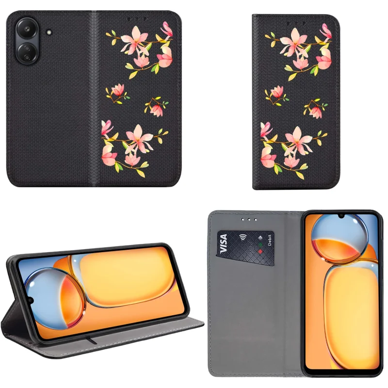 Etui do Xioami Redmi 13C / Poco C65 zamykane malowane wzór kwiatki + szkło, pokrowiec, kabura, case, z klapka, smart wzory