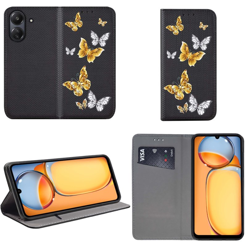 Etui do Xioami Redmi 13C / Poco C65 zamykane malowane wzór motyle + szkło, pokrowiec, kabura, case, z klapka, smart wzory