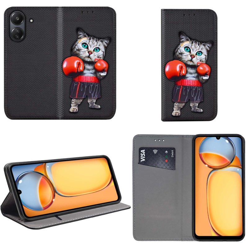 Etui do Xioami Redmi 13C / Poco C65 zamykane malowane wzór kot + szkło, pokrowiec, kabura, case, z klapka, smart wzory
