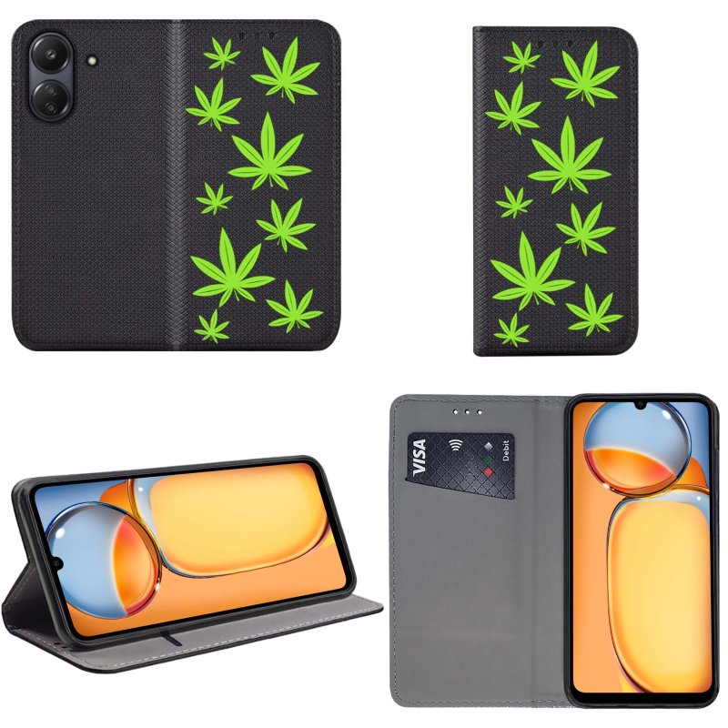 Etui do Xioami Redmi 13C / Poco C65 zamykane malowane wzór liście, marycha, konopia, zioło + szkło, pokrowiec, kabura, case, z klapka, smart wzory