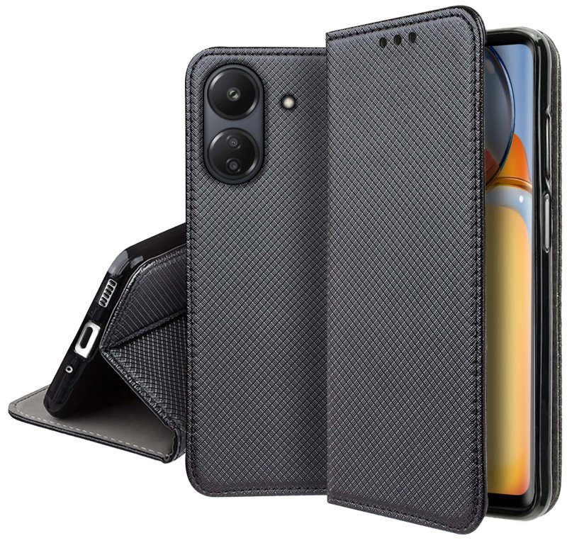 Etui do Xiaomi Redmi 13C / Poco C65 czarne zamykane + szkło, pokrowiec, kabura, z klapka, smart