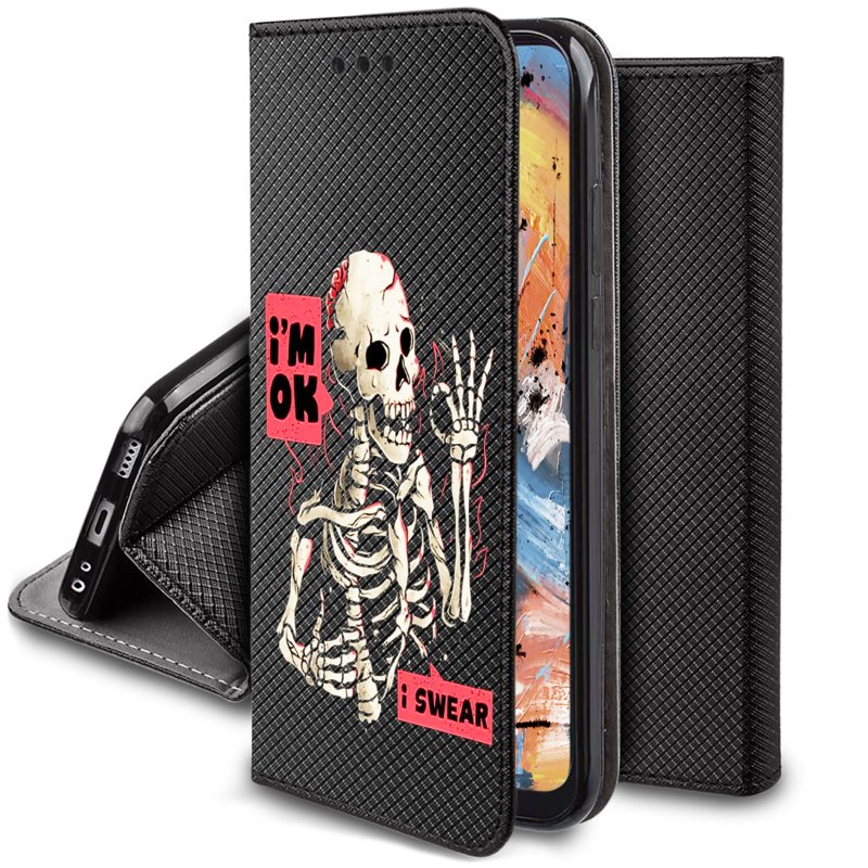 Etui do Tecno Spark Go 2023 zamykane malowane wzór szkielet + szkło, pokrowiec, kabura, case, z klapka, smart wzory