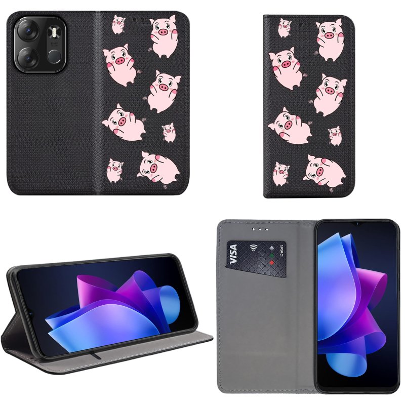 Etui do Tecno Spark Go 2023 zamykane malowane wzór świnki + szkło, pokrowiec, kabura, case, z klapka, smart wzory