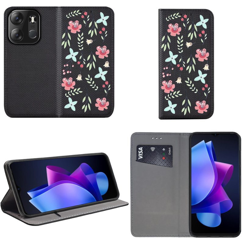 Etui do Tecno Spark Go 2023 zamykane malowane wzór kwiaty + szkło, pokrowiec, kabura, case, z klapka, smart wzory