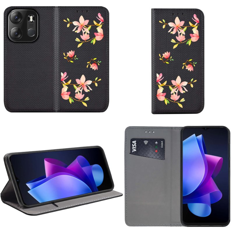 Etui do Tecno Spark Go 2023 zamykane malowane wzór kwiaty + szkło, pokrowiec, kabura, case, z klapka, smart wzory