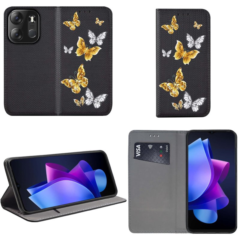 Etui do Tecno Spark Go 2023 zamykane malowane wzór motyle + szkło, pokrowiec, kabura, case, z klapka, smart wzory