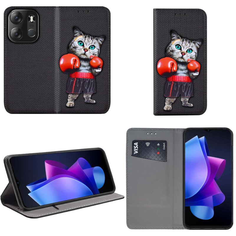 Etui do Tecno Spark Go 2023 zamykane malowane wzór kot + szkło, pokrowiec, kabura, case, z klapka, smart wzory