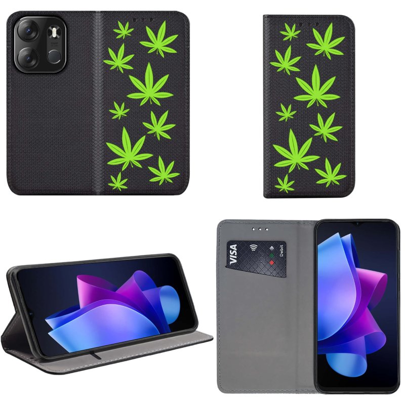 Etui do Tecno Spark Go 2023 zamykane malowane wzór liście + szkło, pokrowiec, kabura, case, z klapka, smart wzory
