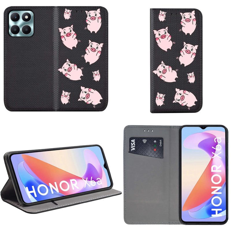 Etui do Honor X6A zamykane malowane wzór swinki + szkło, pokrowiec, kabura, case, z klapka, smart wzory