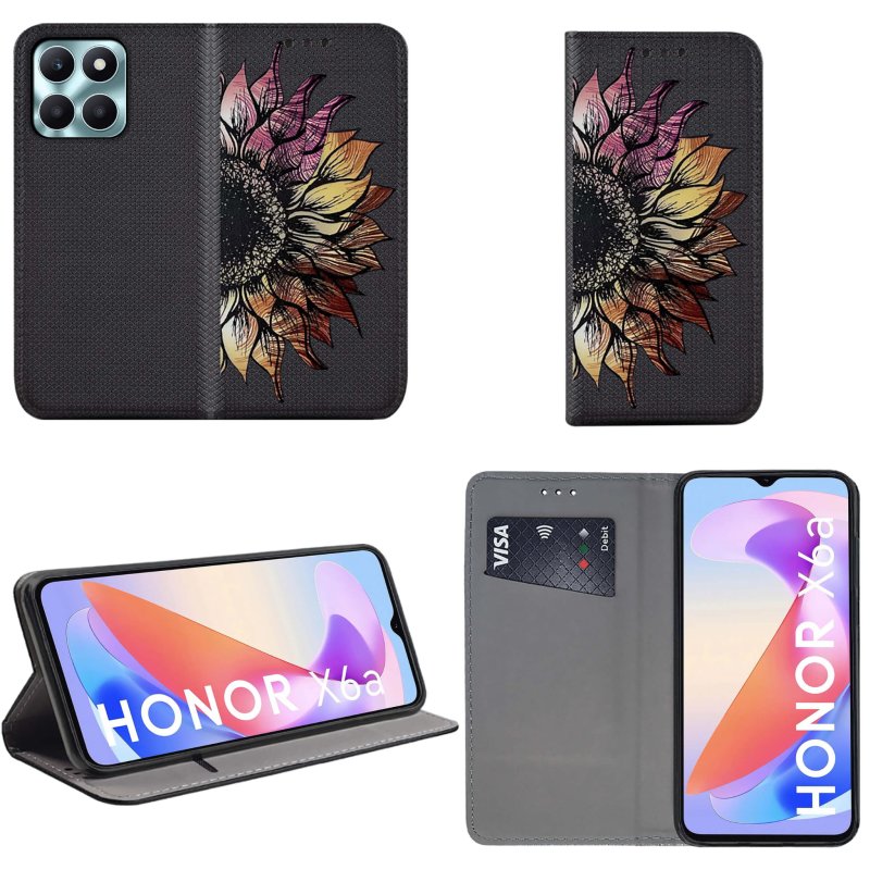 Etui do Honor X6A zamykane malowane wzór kwiat + szkło, pokrowiec, kabura, case, z klapka, smart wzory