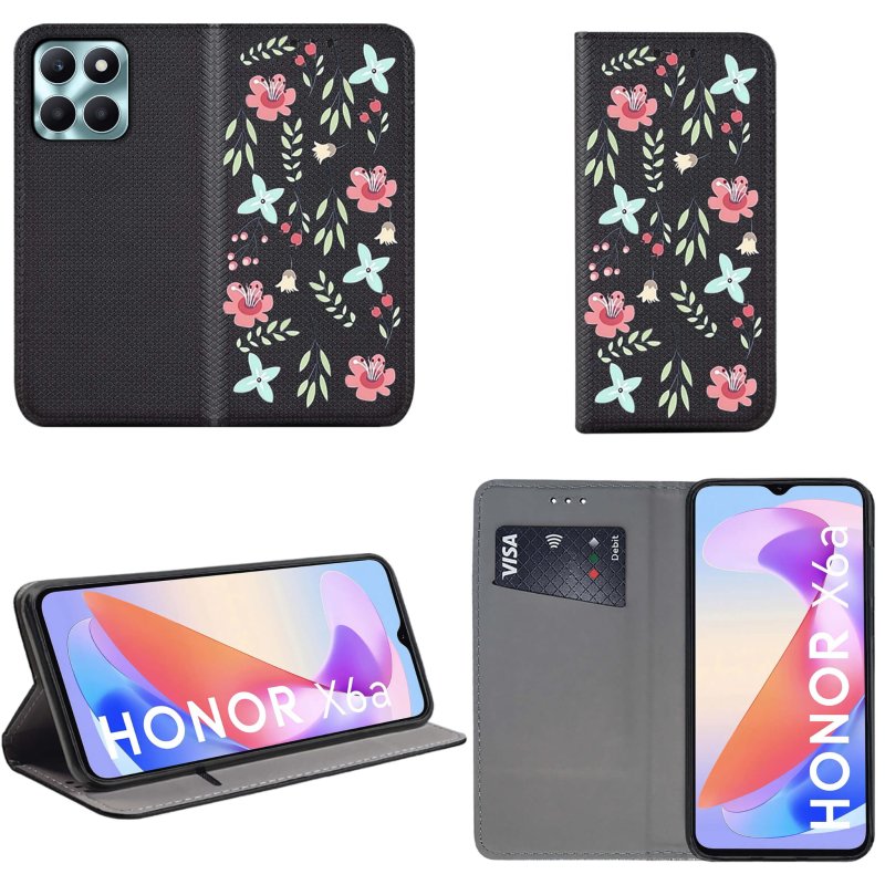 Etui do Honor X6A zamykane malowane wzór kwiaty + szkło, pokrowiec, kabura, case, z klapka, smart wzory