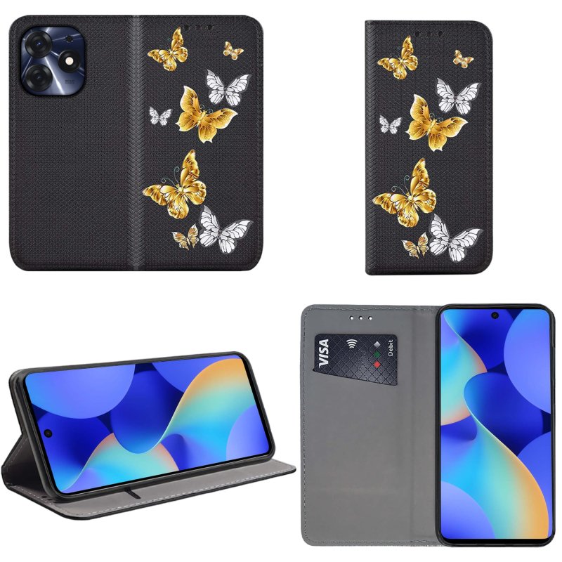 Etui do Tecno Spark 10 Pro zamykane malowane wzór motyle ze szkłem, zamykane, pokrowiec, kabura, case, z klapka, smart wzory