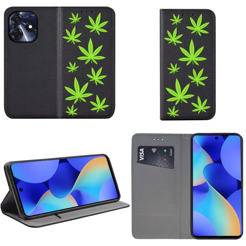 Etui do Tecno Spark 10 Pro zamykane malowane wzór liście marycha konopia zioło ze szkłem, zamykane, pokrowiec, kabura, case, z klapka, smart wzory