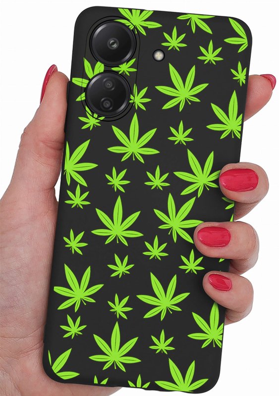 Etui do Xiaomi Redmi 13C / Poco C65 malowane wzór ze szkłem, nakładka, na plecki, case, pudding, mat, liście, marycha, marihuana, konopia, zioło
