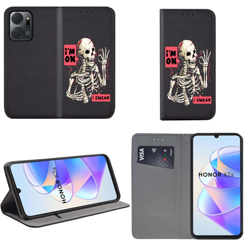 Etui do Honor X7A zamykane malowane wzór szkielet ze szkłem, pokrowiec, kabura, case, z klapka, smart wzory