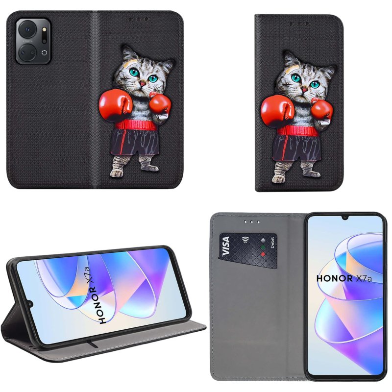 Etui do Honor X7A zamykane malowane wzór kot ze szkłem, pokrowiec, kabura, case, z klapka, smart wzory