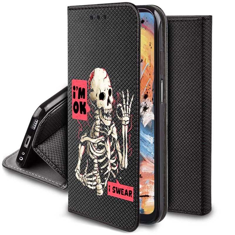 Etui do Oppo A79 5G zamykane malowane wzór szkielet ze szkłem, pokrowiec, kabura, case, z klapką, smart wzory