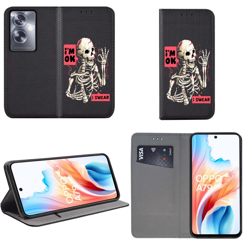 Etui do Oppo A79 5G zamykane malowane wzór szkielet ze szkłem, pokrowiec, kabura, case, z klapką, smart wzory