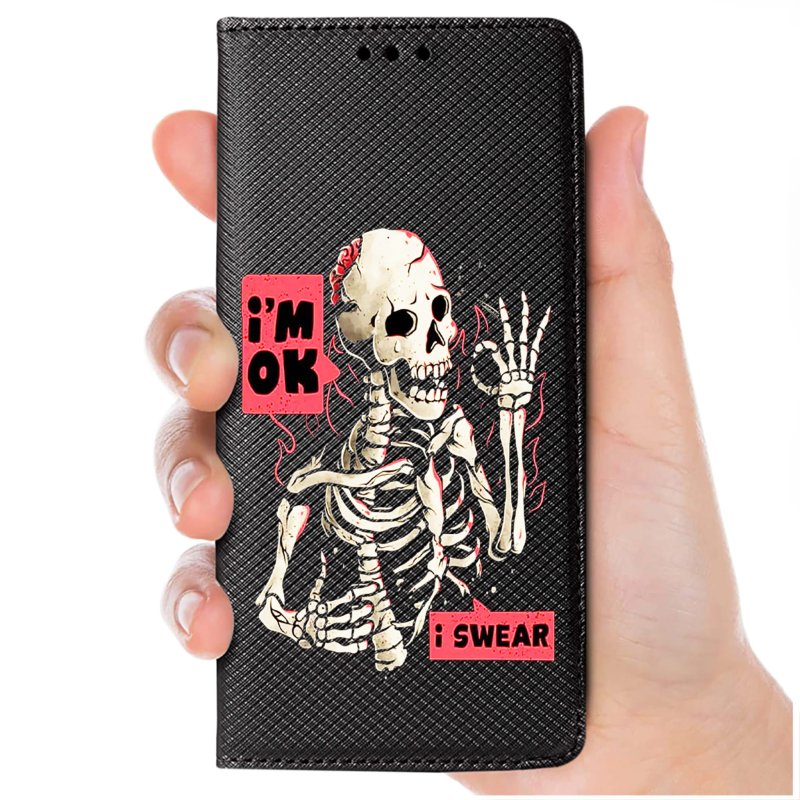 Etui do Oppo A79 5G zamykane malowane wzór szkielet ze szkłem, pokrowiec, kabura, case, z klapką, smart wzory
