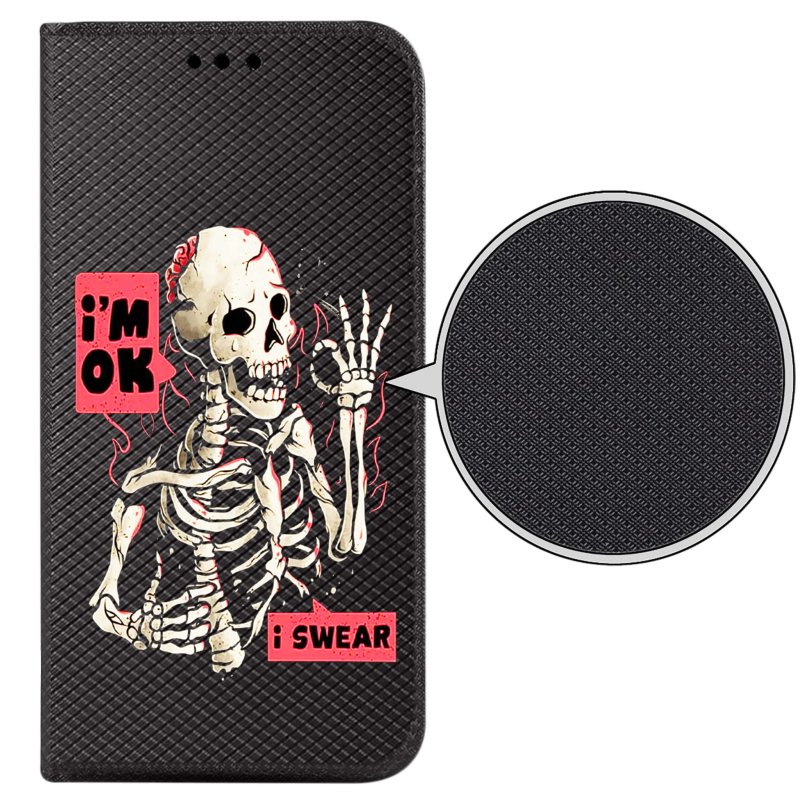 Etui do Oppo A79 5G zamykane malowane wzór szkielet ze szkłem, pokrowiec, kabura, case, z klapką, smart wzory