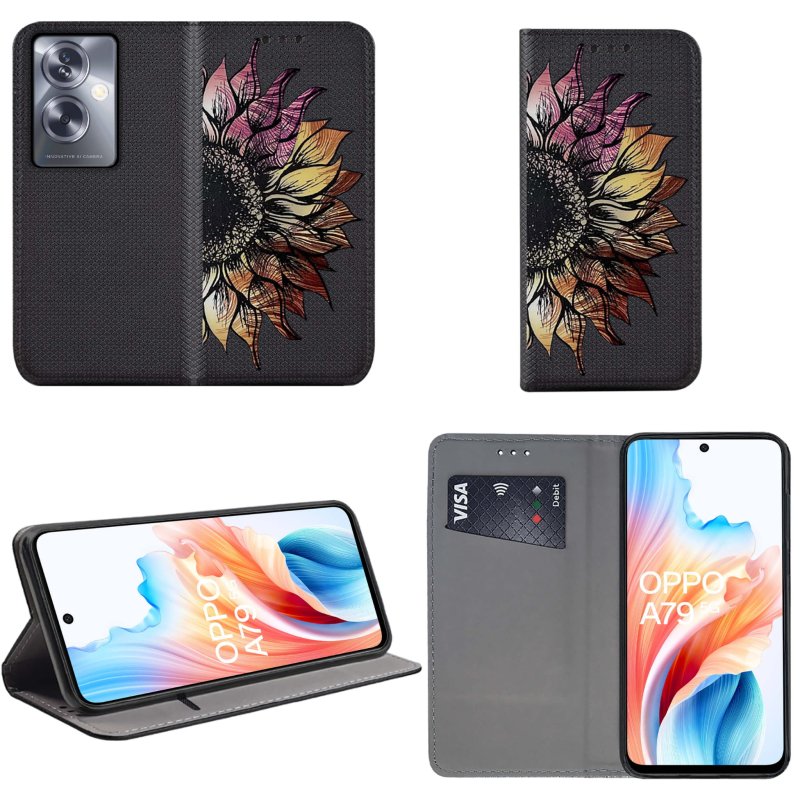 Etui do Oppo A79 5G zamykane malowane wzór kwiat ze szkłem, pokrowiec, kabura, case, z klapką, smart wzory