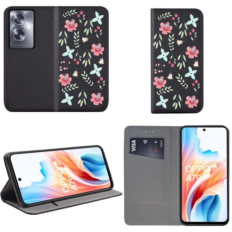 Etui do Oppo A79 5G zamykane malowane wzór kwiaty ze szkłem, pokrowiec, kabura, case, z klapką, smart wzory
