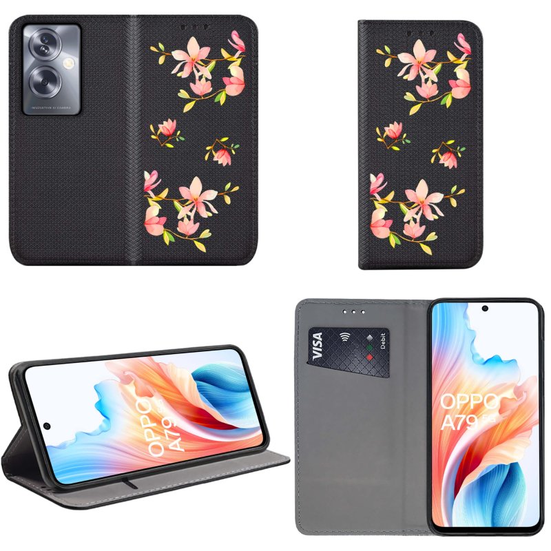 Etui do Oppo A79 5G zamykane malowane wzór kwiatki ze szkłem, pokrowiec, kabura, case, z klapką, smart wzory