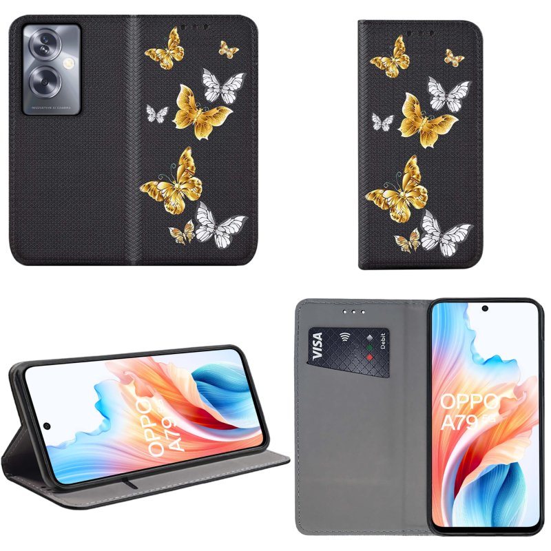 Etui do Oppo A79 5G zamykane malowane wzór motyle ze szkłem, pokrowiec, kabura, case, z klapką, smart wzory
