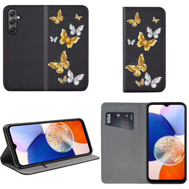 Etui do Samsung Galaxy A05S zamykane malowane wzór motyle ze szkłem, pokrowiec, kabura, case, z klapką, smart wzory