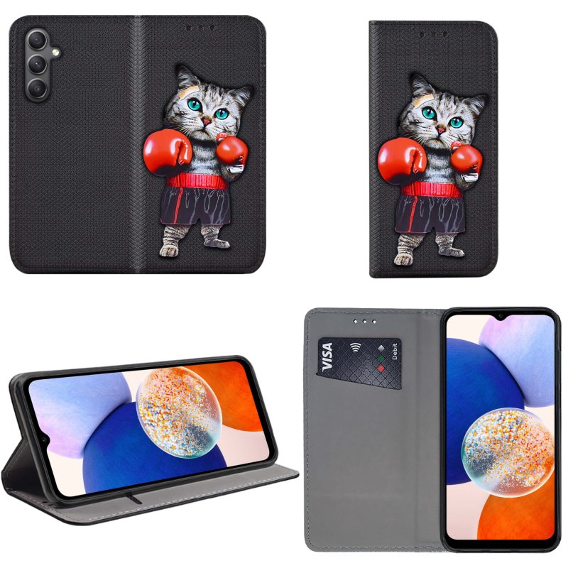 Etui do Samsung Galaxy A05S zamykane malowane wzór kot ze szkłem, pokrowiec, kabura, case, z klapką, smart wzory