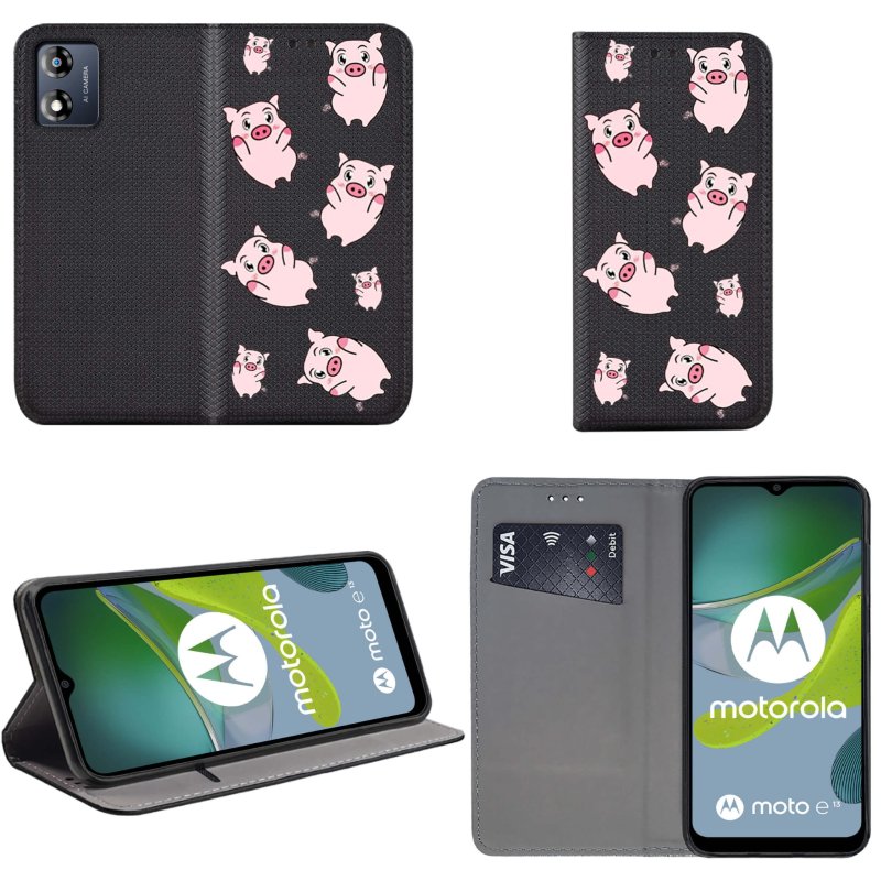 Etui do Motorola Moto E13 zamykane malowane wzór świnki ze szkłem , pokrowiec, kabura, case, z klapka, smart wzory,