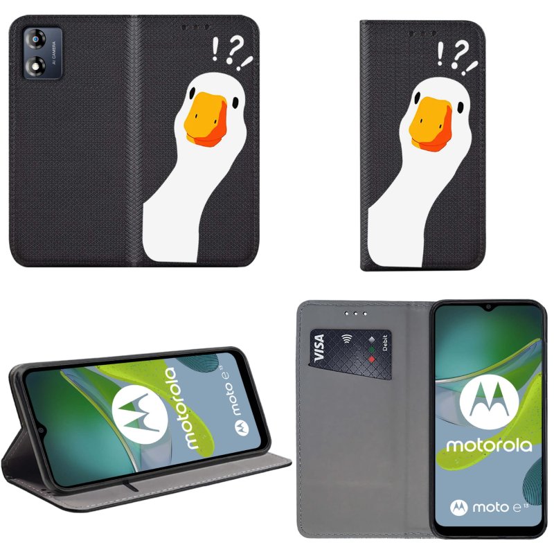 Etui do Motorola Moto E13 zamykane malowane wzór gęś kaczka pipa ze szkłem , pokrowiec, kabura, case, z klapka, smart wzory,