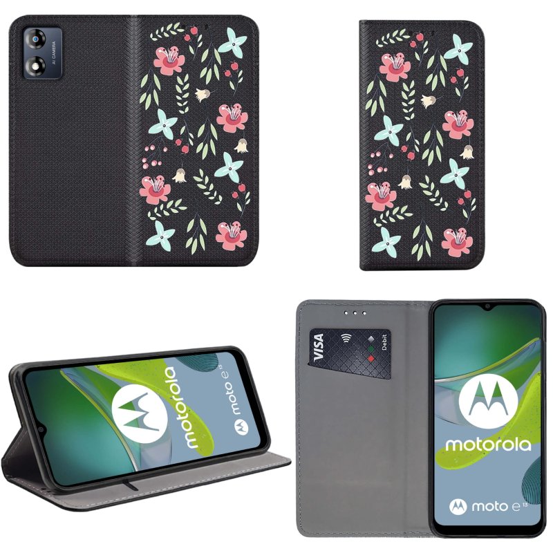 Etui do Motorola Moto E13 zamykane malowane wzór kwiaty ze szkłem , pokrowiec, kabura, case, z klapka, smart wzory,