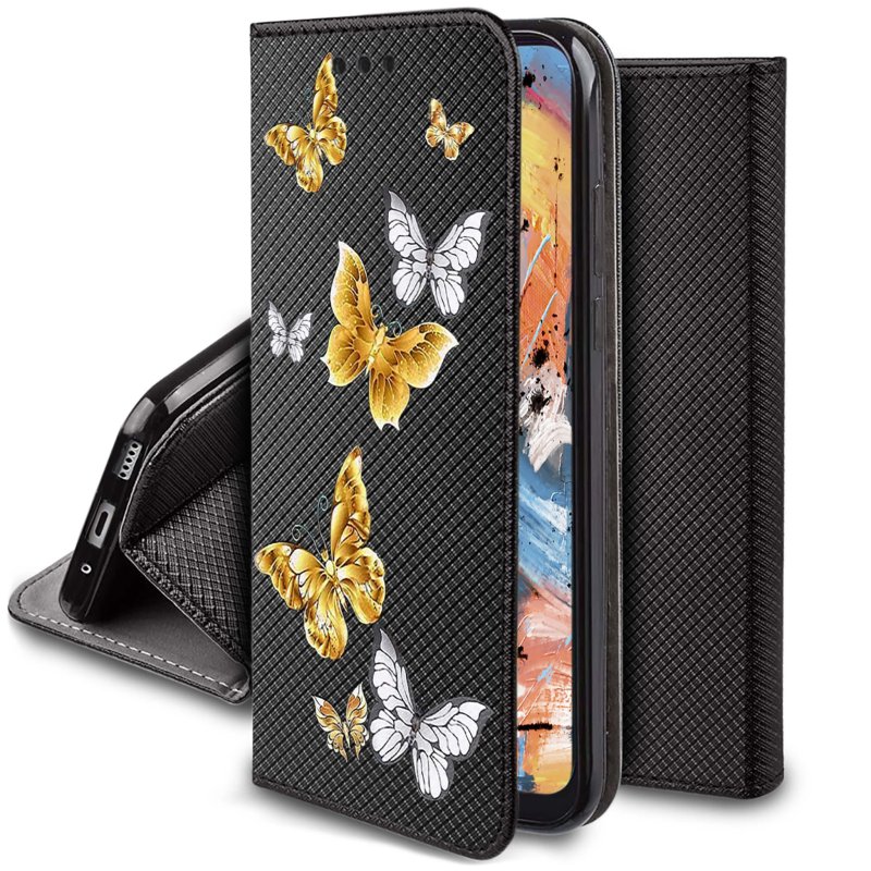 Etui do Motorola Moto E13 zamykane malowane wzór motyle ze szkłem , pokrowiec, kabura, case, z klapka, smart wzory,