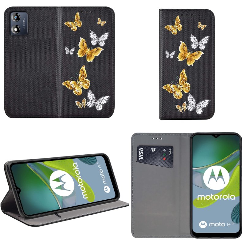 Etui do Motorola Moto E13 zamykane malowane wzór motyle ze szkłem , pokrowiec, kabura, case, z klapka, smart wzory,