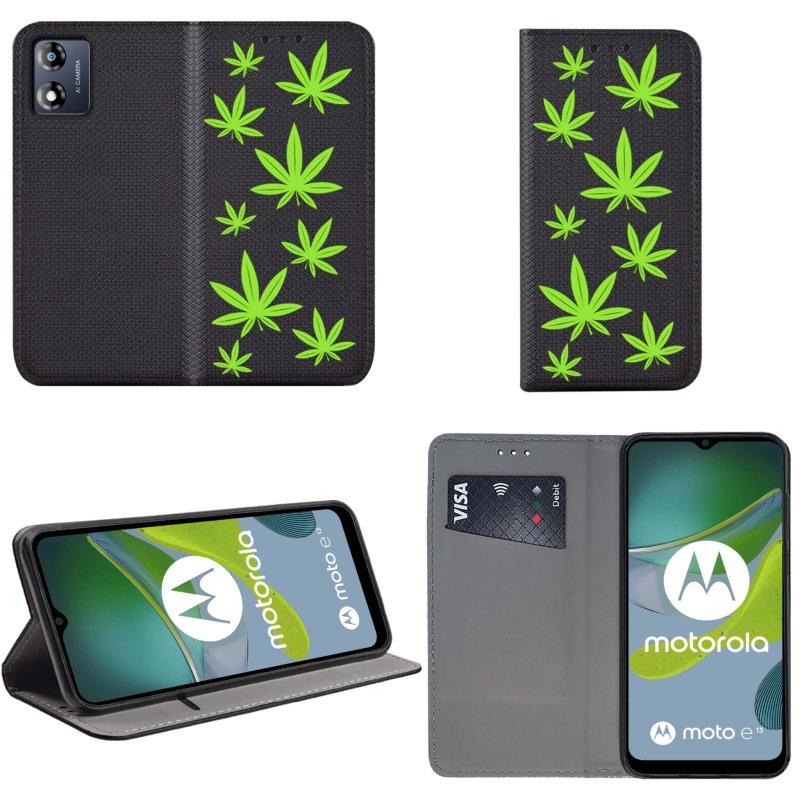 Etui do Motorola Moto E13 zamykane malowane wzór liście ze szkłem , pokrowiec, kabura, case, z klapka, smart wzory,
