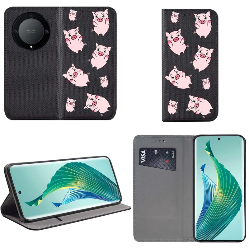 Etui do Honor Magic5 Lite zamykane malowane wzór świnki, pokrowiec, kabura, case, z klapka, smart wzory