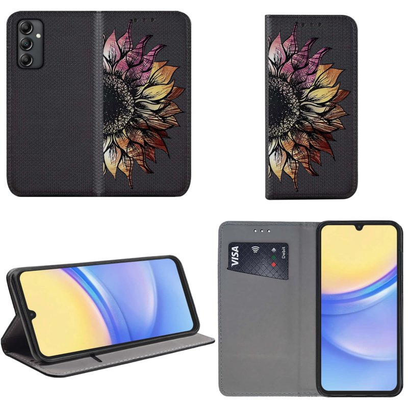 Etui do Samsung Galaxy A25 zamykane malowane wzór kwiat ze szkłem, pokrowiec, kabura, case, z klapka, smart wzory, krainagsm