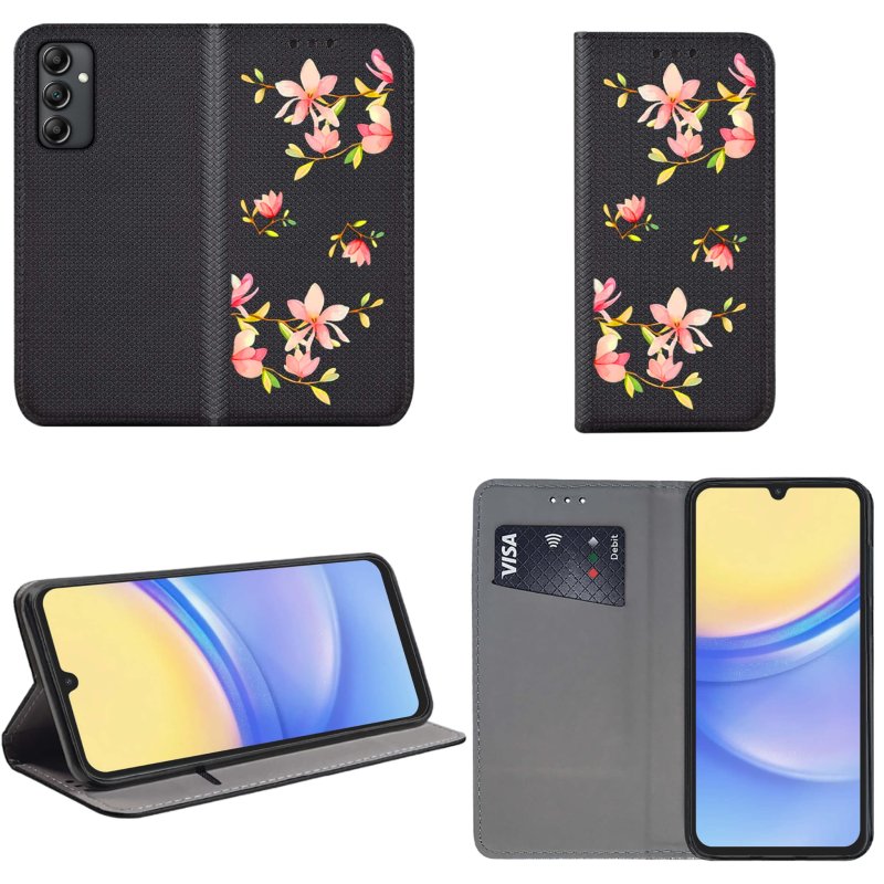 Etui do Samsung Galaxy A25 zamykane malowane wzór kwiaty ze szkłem, pokrowiec, kabura, case, z klapka, smart wzory, krainagsm
