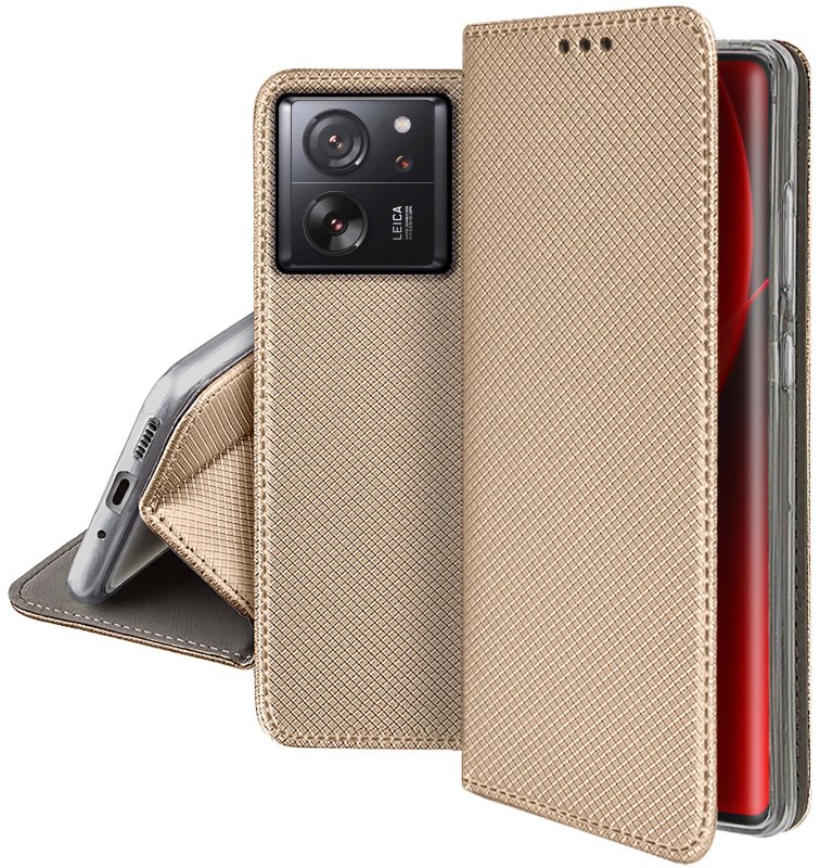 Etui do Xiaomi 13T / 13T Pro złote zamykane ze szkłem, pokrowiec, kabura, case, z klapka, smart