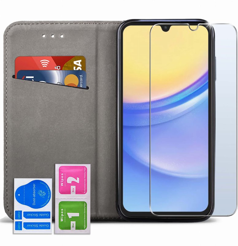 Etui do Samsung Galaxy A25 5G czarne magnetyczne zamykane ze szkłem, pokrowiec, kabura, case, z klapką, smart magnetic