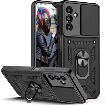 Etui do Samsung Galaxy A15 pancerne ring z osłoną na aparat czarne ze szkłem